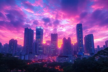 Fototapeta premium Vibrant city skyline at sunset