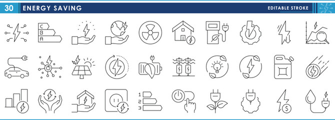 A set of line icons related to energy saving. Green energy, saving, priority, development, hydro, research, solar, recycling, and so on. Vector editable stroke.