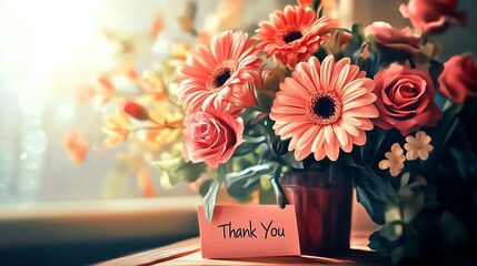 Flowers with a 'Thank You' card conveying gratitude and appreciation.