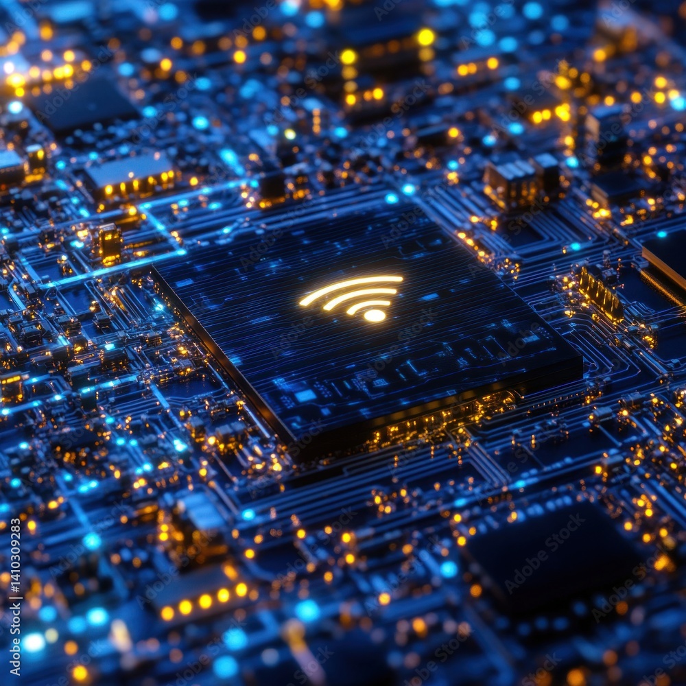 Poster close-up view of a glowing wifi chip embedded in a complex circuit board.