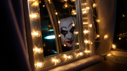 Twinkling fairy lights and clown surrounded by a mirror