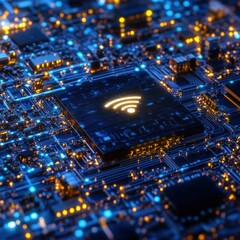 Fototapeta premium Close-up view of a glowing wifi chip embedded in a complex circuit board.