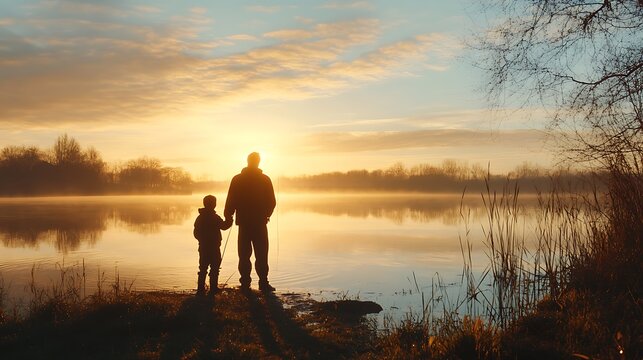 Father and son fishing together at sunrise on the lake. Bonding time.