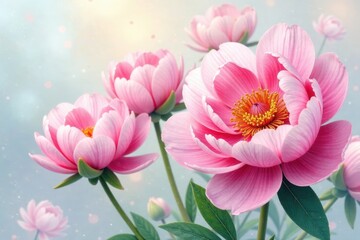 Obraz premium Delicate watercolor peonies, garden flowers, spring blooms