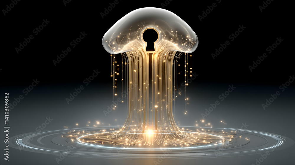 Aufkleber golden keyhole within a translucent, bioluminescent structure emitting light trails into a circular 