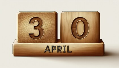 Illustration of wooden blocks with date 30 April. Day and month, simple calendar