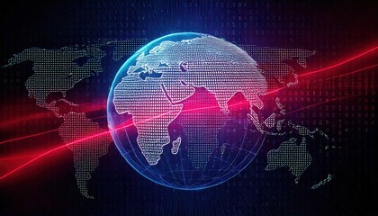 A glowing digital globe overlays a world map made of binary code, with red data lines symbolizing global communication and technology.