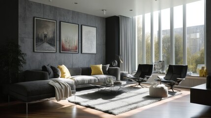 Modern living room with a gray sectional sofa, two black armchairs, and large windows offering ample natural light. The room features gray walls, wooden floors, and artwork.