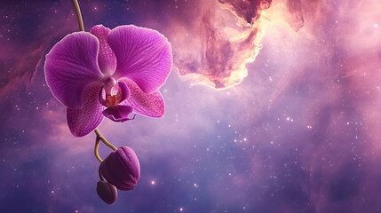 Purple orchid blossoms in a celestial nebula.