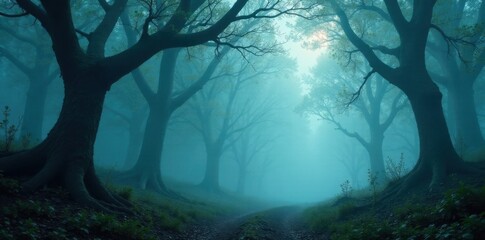 A back cover mockup featuring a mysterious forest scene with misty fog and twisted tree branches, gothic architecture, suspenseful atmosphere, mystery novel