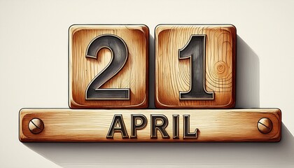 Illustration of wooden blocks with date 21 April. Day and month, simple calendar