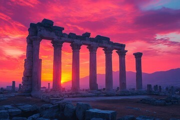Ancient ruins bathed in vibrant sunset