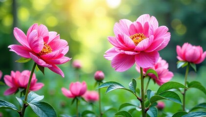 Fototapeta premium Vibrant watercolor peonies in garden , colorful, garden, blooms