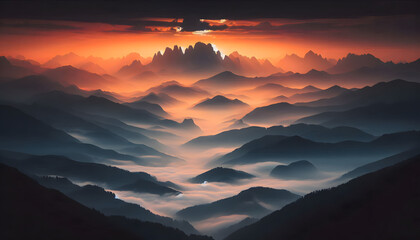 sunrise in the fantasy alpine valley