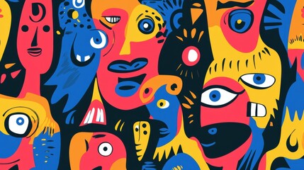 A vibrant abstract composition of stylized faces and figures in bold colors and geometric shapes.