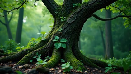 Fototapeta premium Twisted vines and dark green leaves wrapped around a mysterious ancient tree trunk, dark green leaves, mysterious