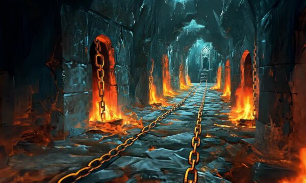 A hellish dungeon with glowing chains, burning torches, and walls covered in demonic runes