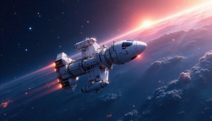 Obraz premium Space station floating in zero gravity with a stunning white galaxy background, futurism, technology, zero gravity