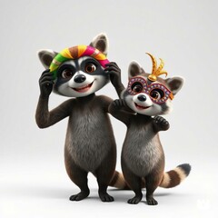 Obraz premium mother raccoon and baby raccoon with colorful carnival masks, soft light gray background.