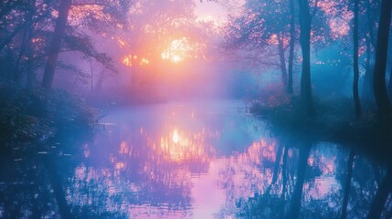 Obraz premium A tranquil lake reflecting the vibrant colors of a sunrise