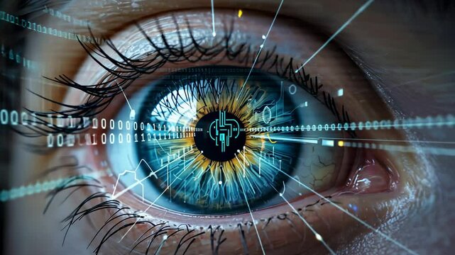 Close up of an eye overlayed with futuristic digital display, suggesting concepts of biometrics, cybersecurity, and augmented reality. - Powered by Adobe