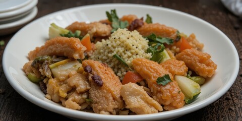 A rustic wooden table showcases a vibrant bowl filled with a colorful medley of fresh vegetables, grains, and herbs, inviting a sense of warmth and home-cooked comfort.