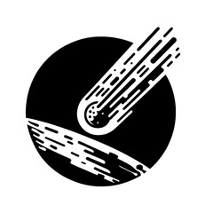 Conceptual black and white vector illustration of an outer space comet hurtling towards Earth on a white background.