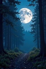 Fototapeta premium Full moon illuminates the forest with a silver glow, animals, moonlight