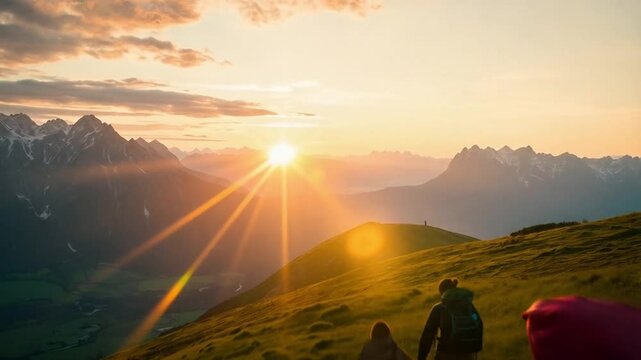 Aerial Sunset Hike of Couple in Julian Alps with Golden Mountain Views