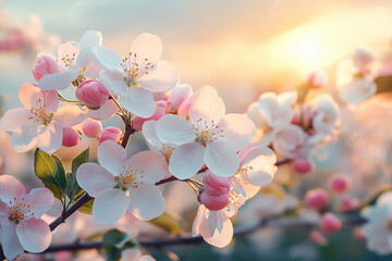Apple tree blooming branch with pink flowers at sunrise in springtime. Awakening of spring. Delicate apple blossoms and buds.