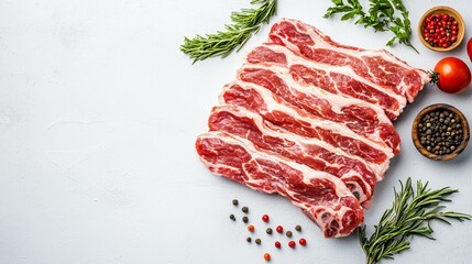 Marbled pork shoulder cut fresh on white background, high contrast texture with open space at bottom edge for design