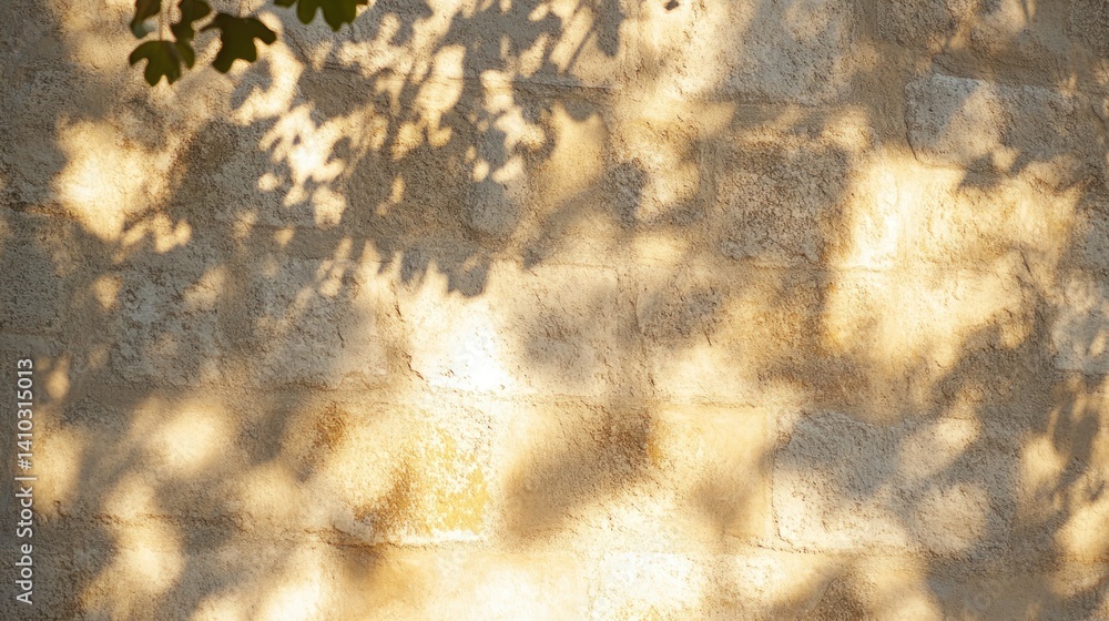 Poster shadows of leaves create patterns on a textured stone wall
