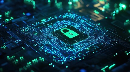 Obraz premium Digital Security Concept with Lock Symbol on Circuit Board Background