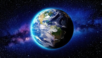 Obraz premium Detailed view of Earth showing North and South America with illuminated clouds and glowing atmosphere against a vibrant starfield.