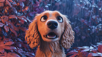 A dog is experiencing a light rain amidst the plant. The dog seems surprised or worried. The scene evokes curiosity