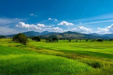 Green rice fields under a bright blue sky in the countryside, showcasing the beauty and tranquility of rural landscapes.