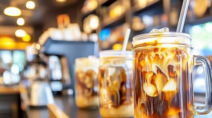 Iced Coffee with Cream in Mason Jars at Coffee Shop