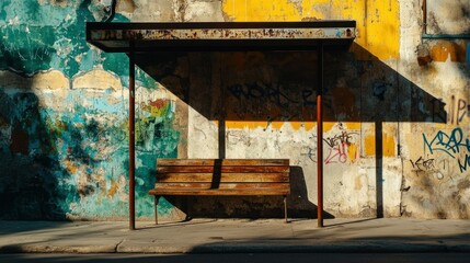 A rustic bus stop featuring weathered walls with graffiti and shadows