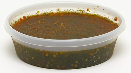 Dark Green And Brown Speckled Sauce In Small Plastic Bowl