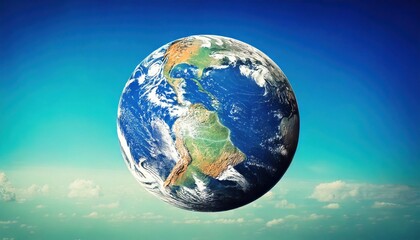 Naklejka premium Surreal image of Earth suspended above the clouds in a bright blue sky, representing global unity, peace, and environmental awareness.