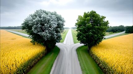 Rural crossroads with diverging roads flanked by golden fields and contrasting trees