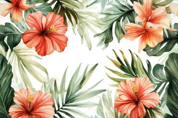 Tropical floral pattern with hibiscus and palm leaves. Lush arrangement of vibrant orange-red hibiscus flowers and various tropical foliage, creating a frame