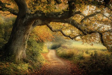 Autumnal path winds through golden foliage under a majestic tree's canopy