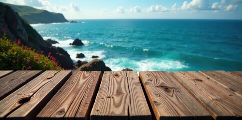 Fototapeta premium Weathered wooden planks on a rocky coastline, wood, rusty, textures