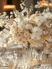 elegant minimalist wedding table setting soft neutral palette delicate floral arrangement refined sophisticated aesthetic