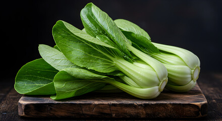 Obraz premium Fresh Green Bok Choy on Wooden Board Ready for Culinary Preparation