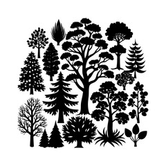 Various Tree vector silhouettes on a white background