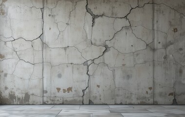 Fototapeta premium A weathered concrete wall displays an array of deep cracks and peeling paint, revealing layers of texture and age, with hints of faded colors adding character to its rugged surface.
