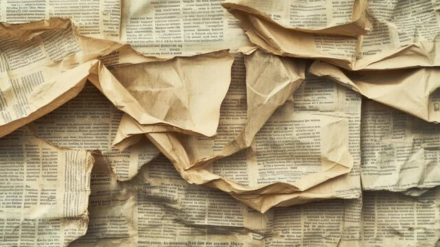 3d pieces of sepia newspaper background, textured journal, motion graphics vintage old look, paper cut out animated media collage mockup