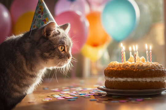 Gray cat wearing party hat, looking at birthday cake with lit candles, surrounded by confetti and balloons. Festive birthday scene, symbolizing joy and celebration.